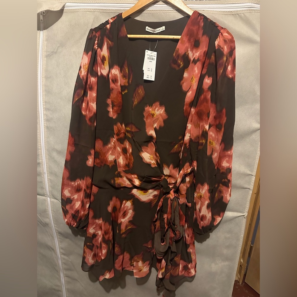 Abercrombie & Fitch Brown Floral Wrap Dress with Pink Blooms